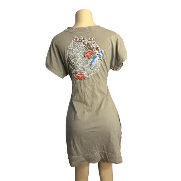 Women M Johnny Was JWLA V-Neck Embroidered Floral Bird Green Cotton Tunic Dress - Picture 5 of 8